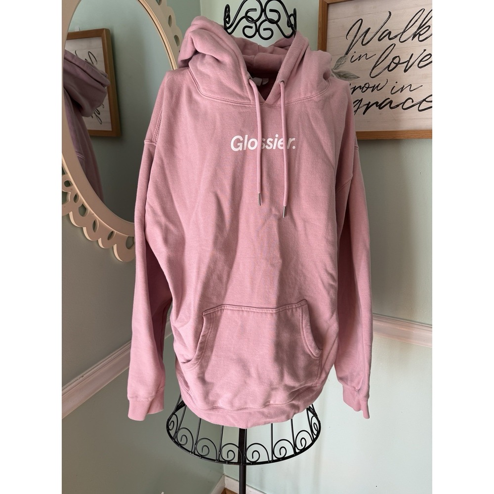 Glossier Original Pink Hoodie Pullover Sweatshirt Spell Out Logo Women Size L